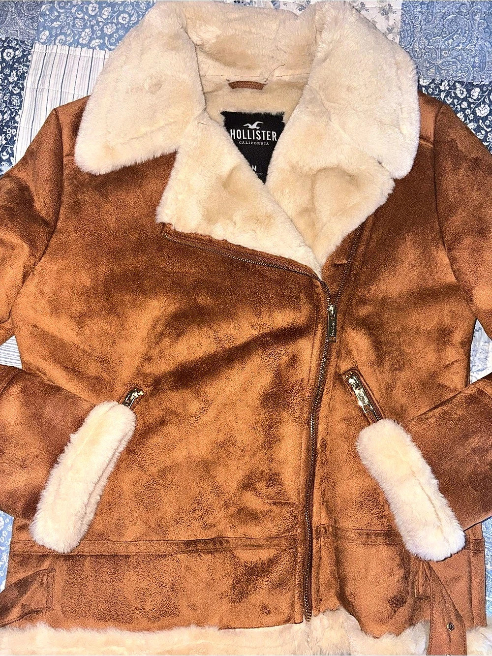 Hollister Faux Suede Aviator Jacket Brown & Cream